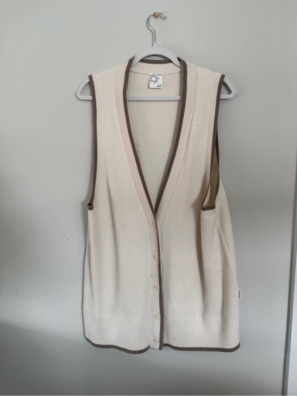 Offline Cream Knit Button-Front Vest with Brown Trim